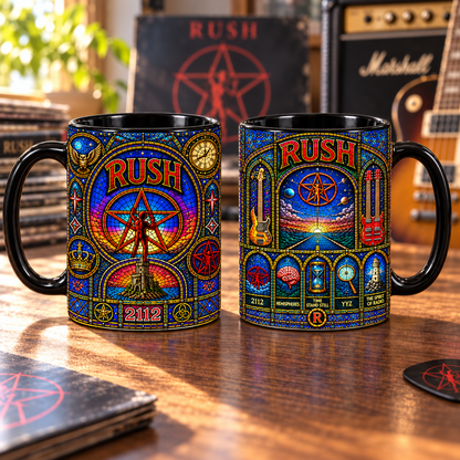 Rush 2112 Stained Glass Mug – Starman Progressive Rock Coffee Cup, Colorful Cathedral Art Mug, Rush Fan Gift