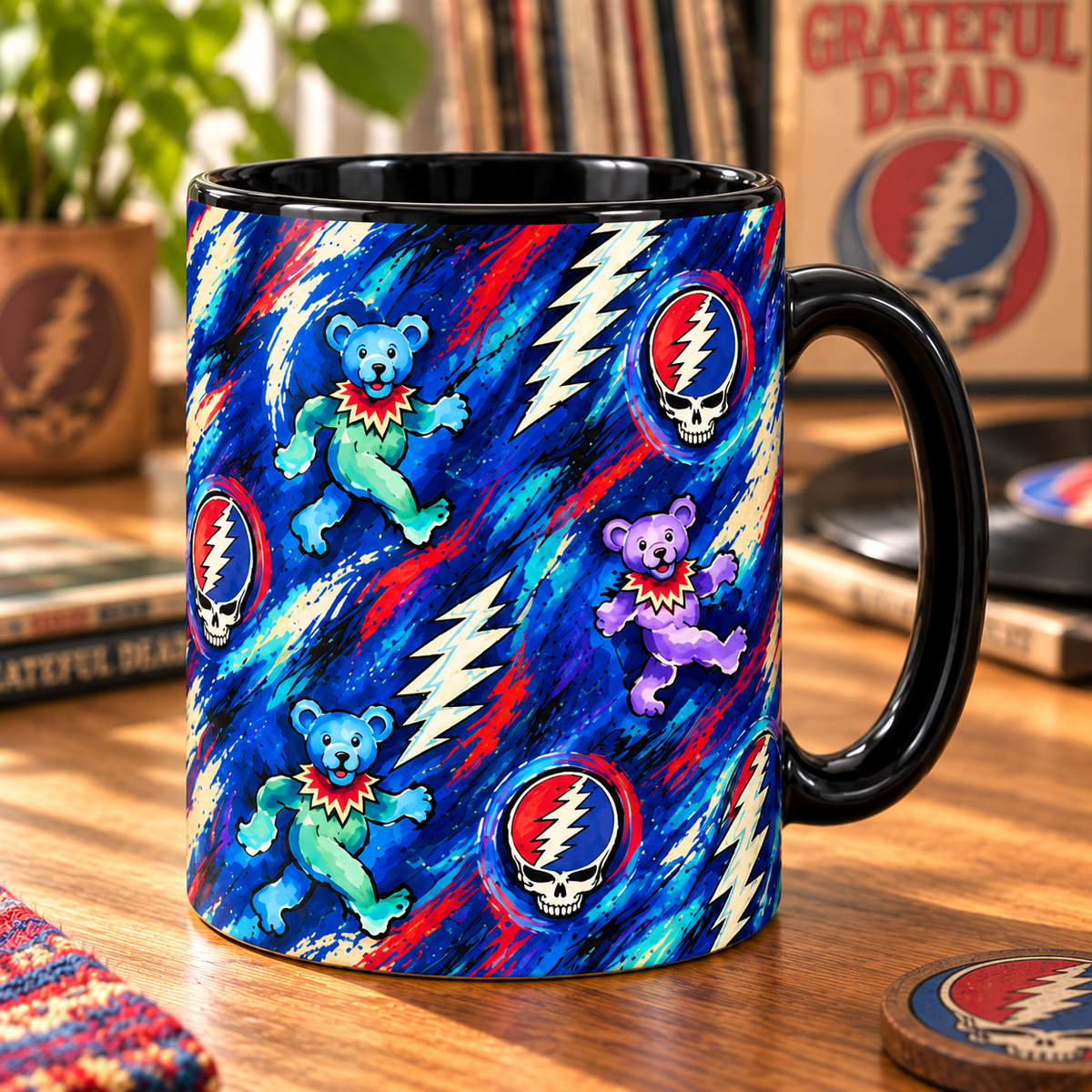 Grateful Dead Painterly Mug – Dancing Bears, Steal Your Face & Lightning Bolt Art Coffee Cup, Psychedelic Deadhead Gift