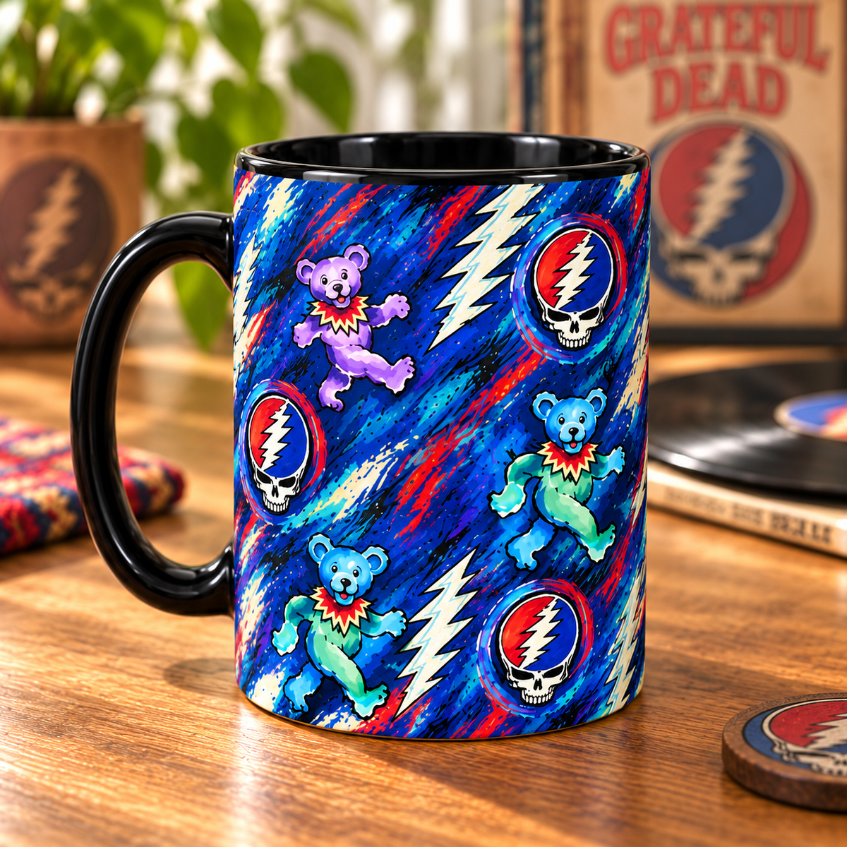 Grateful Dead Painterly Mug – Dancing Bears, Steal Your Face & Lightning Bolt Art Coffee Cup, Psychedelic Deadhead Gift