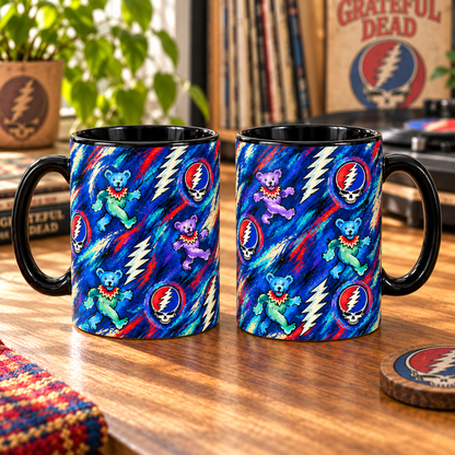 Grateful Dead Painterly Mug – Dancing Bears, Steal Your Face & Lightning Bolt Art Coffee Cup, Psychedelic Deadhead Gift