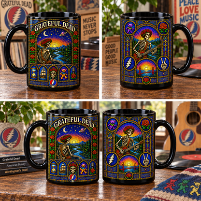 Grateful Dead Stained Glass Mug – Skeleton & Roses, Steal Your Face and Dancing Bear Coffee Cup, Psychedelic Deadhead Gift