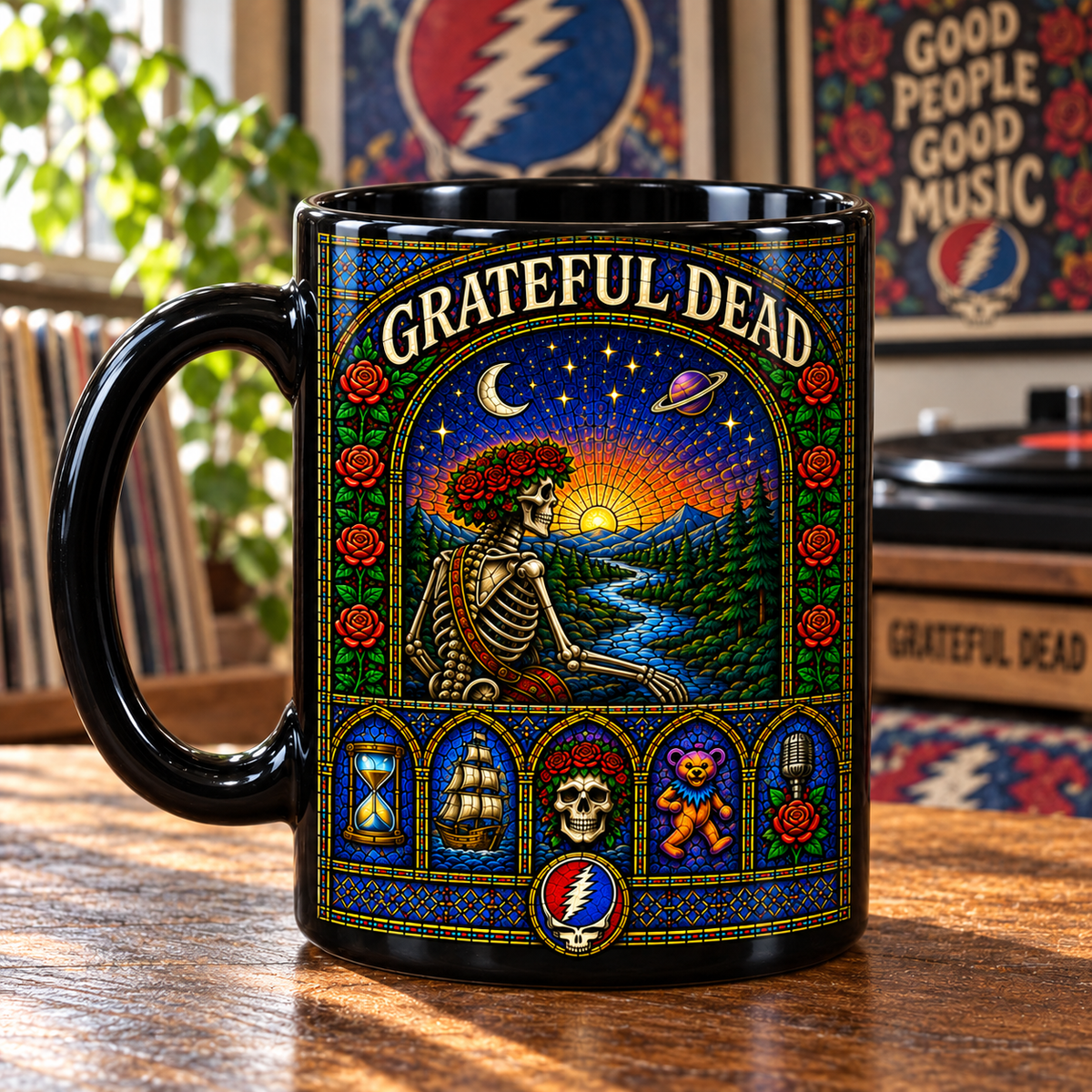 Grateful Dead Stained Glass Mug – Skeleton & Roses, Steal Your Face and Dancing Bear Coffee Cup, Psychedelic Deadhead Gift