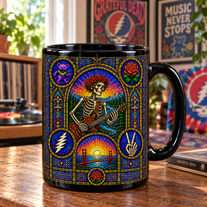 Grateful Dead Stained Glass Mug – Skeleton & Roses, Steal Your Face and Dancing Bear Coffee Cup, Psychedelic Deadhead Gift