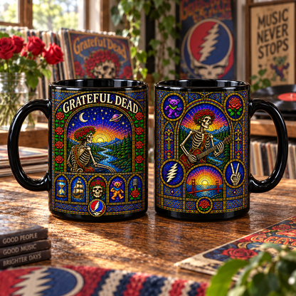 Grateful Dead Stained Glass Mug – Skeleton & Roses, Steal Your Face and Dancing Bear Coffee Cup, Psychedelic Deadhead Gift