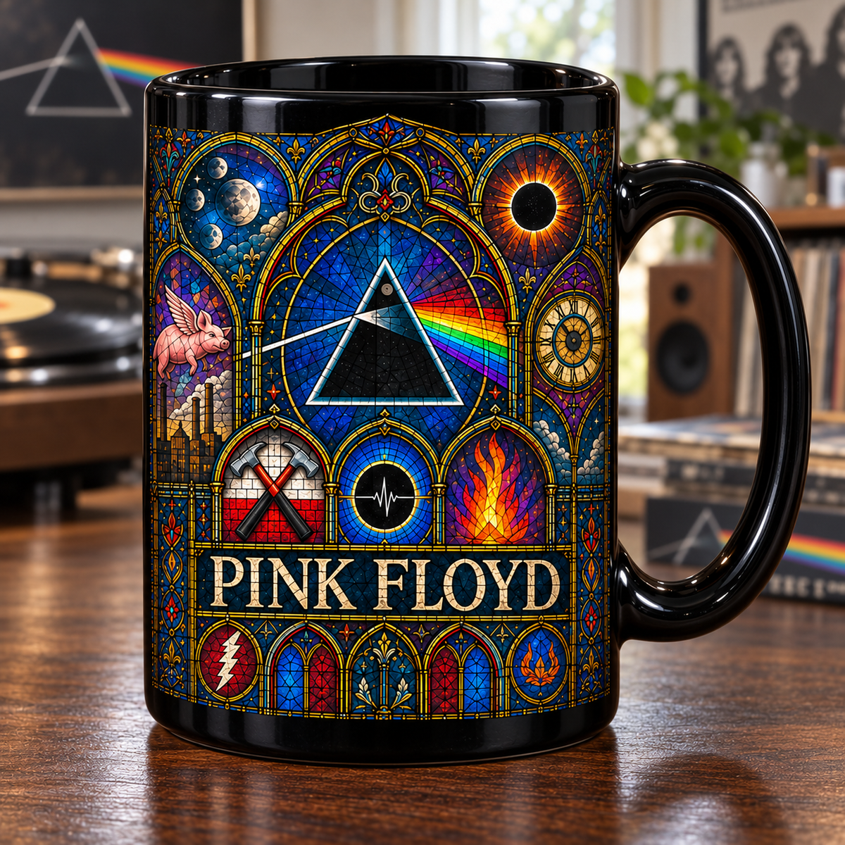 Pink Floyd Stained Glass Mug – Dark Side Prism, Animals Flying Pig & The Wall Symbols, Gothic Progressive Rock Coffee Cup, Fan Gift