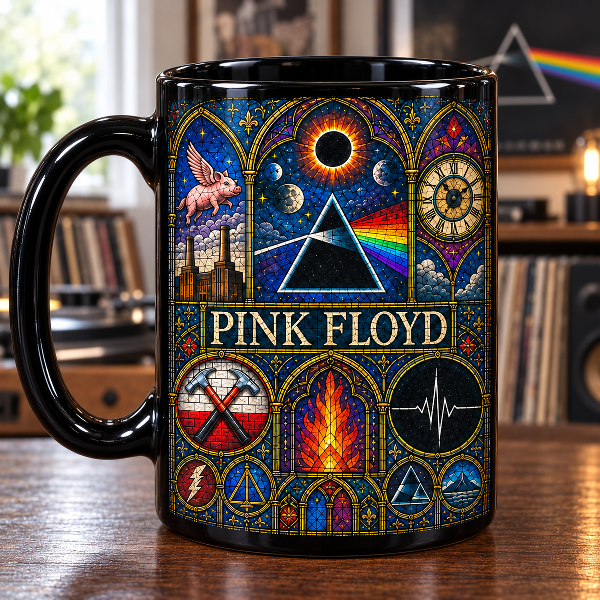 Pink Floyd Stained Glass Mug – Dark Side Prism, Animals Flying Pig & The Wall Symbols, Gothic Progressive Rock Coffee Cup, Fan Gift