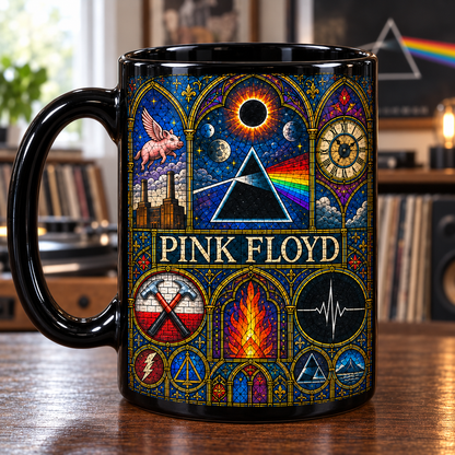 Pink Floyd Stained Glass Mug – Dark Side Prism, Animals Flying Pig & The Wall Symbols, Gothic Progressive Rock Coffee Cup, Fan Gift