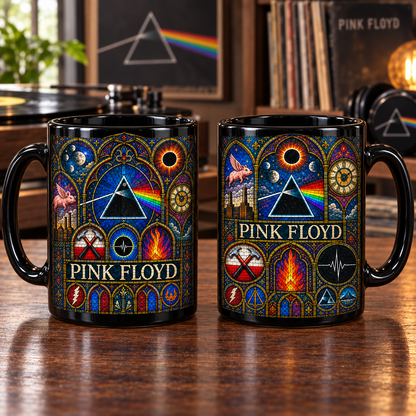 Pink Floyd Stained Glass Mug – Dark Side Prism, Animals Flying Pig & The Wall Symbols, Gothic Progressive Rock Coffee Cup, Fan Gift