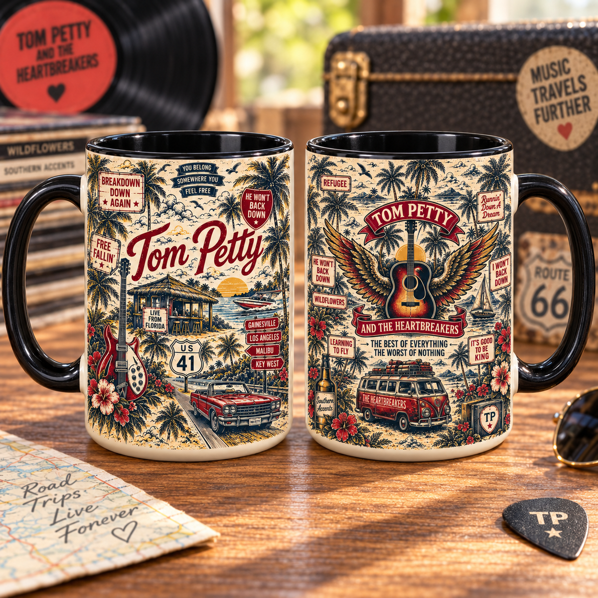 Tom Petty & The Heartbreakers Mug – Wildflowers Road Trip Coffee Cup, Free Fallin’ & I Won’t Back Down Music Gift, Classic Rock Fan Mug