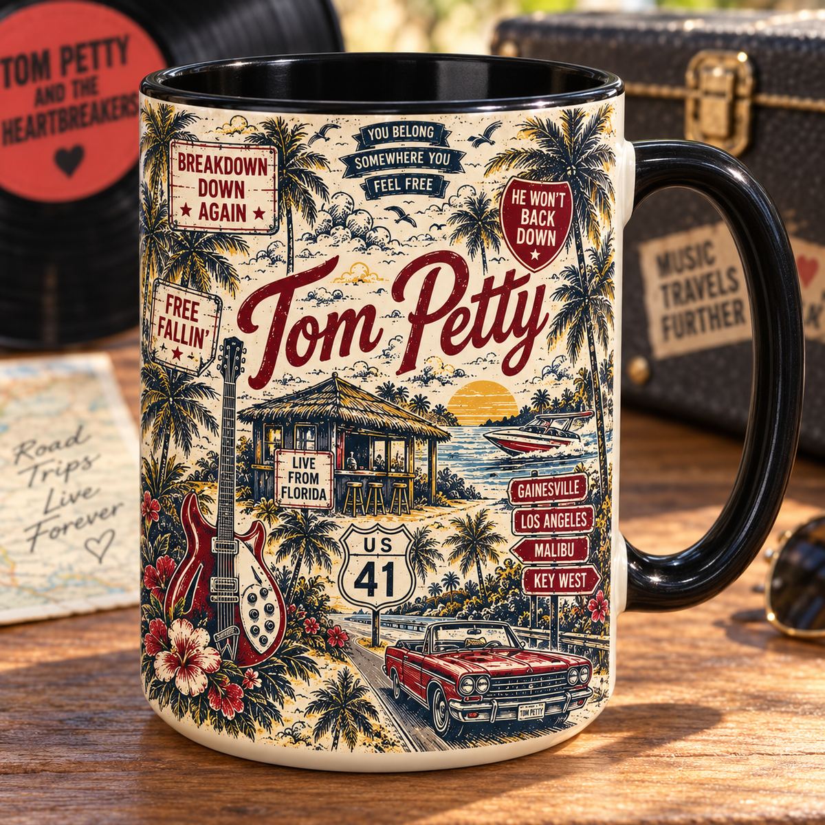 Tom Petty & The Heartbreakers Mug – Wildflowers Road Trip Coffee Cup, Free Fallin’ & I Won’t Back Down Music Gift, Classic Rock Fan Mug