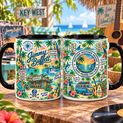 Jimmy Buffett Tropical Mug – Mother Mother Ocean, Fins to the Left & Key West Beach Coffee Cup, Parrothead Coastal Music Gift