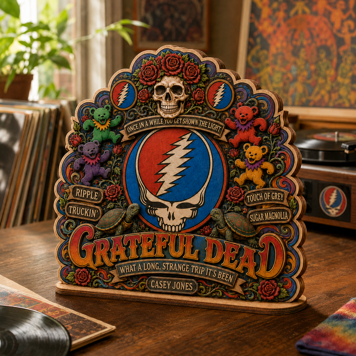 Grateful Dead 3-Layer Wooden Plaque – Steal Your Face Dancing Bears Classic Rock Music Decor, Deadhead Gift