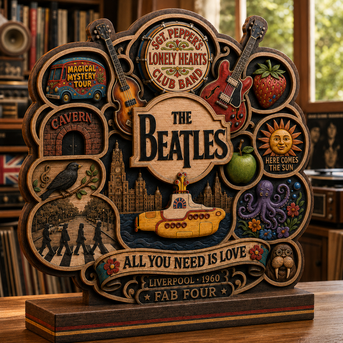 The Beatles 3-Layer Wooden Plaque – Abbey Road & Yellow Submarine Classic Rock Music Decor, Beatles Fan Gift