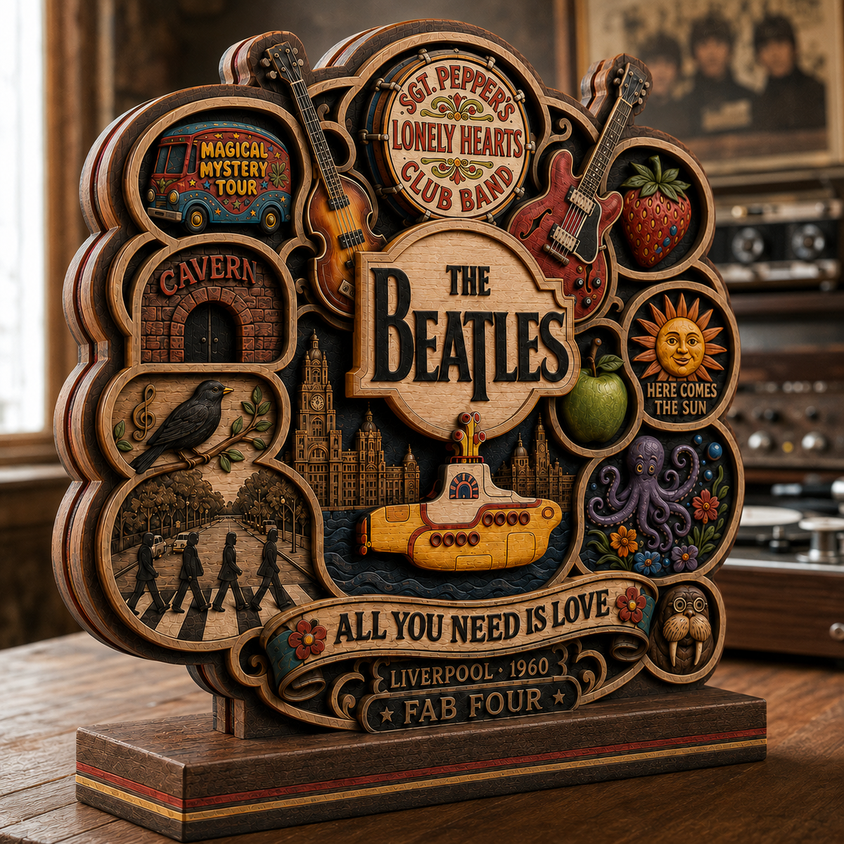 The Beatles 3-Layer Wooden Plaque – Abbey Road & Yellow Submarine Classic Rock Music Decor, Beatles Fan Gift