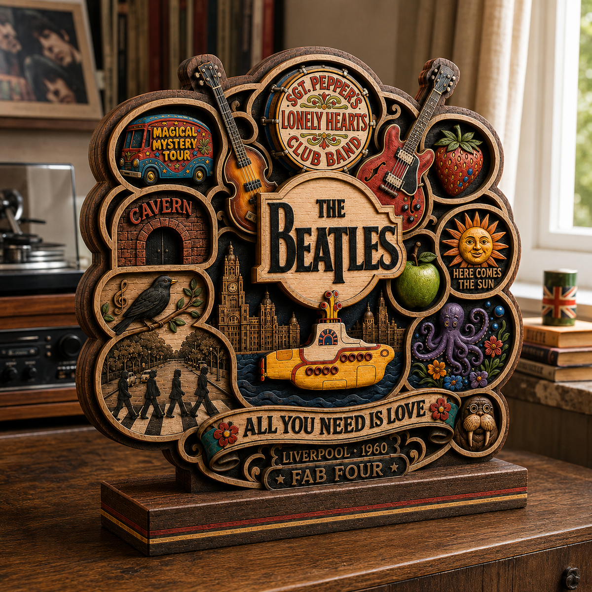 The Beatles 3-Layer Wooden Plaque – Abbey Road & Yellow Submarine Classic Rock Music Decor, Beatles Fan Gift