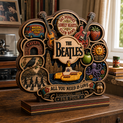 The Beatles 3-Layer Wooden Plaque – Abbey Road & Yellow Submarine Classic Rock Music Decor, Beatles Fan Gift