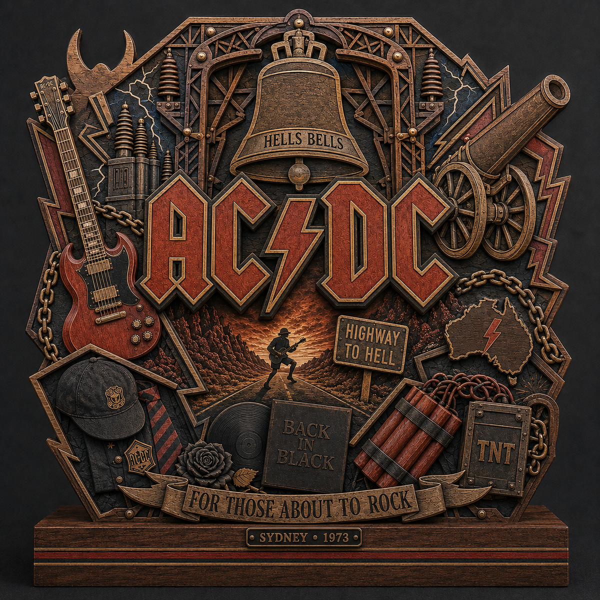 AC/DC 3-Layer Wooden Plaque – Hells Bells Highway to Hell Rock Band Display, Classic Rock Music Decor Gift