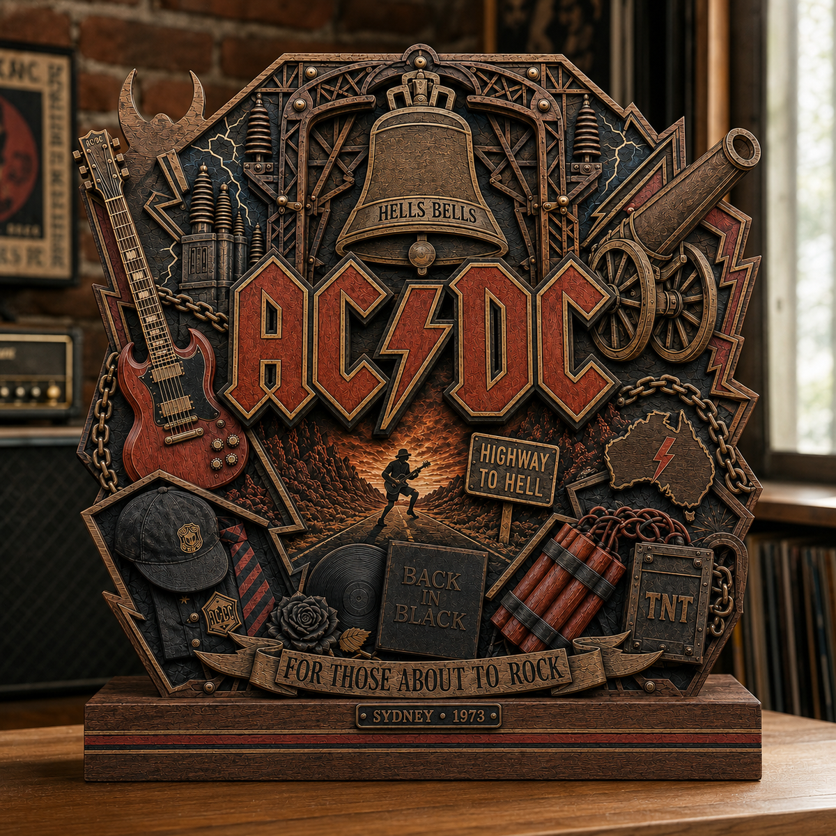 AC/DC 3-Layer Wooden Plaque – Hells Bells Highway to Hell Rock Band Display, Classic Rock Music Decor Gift