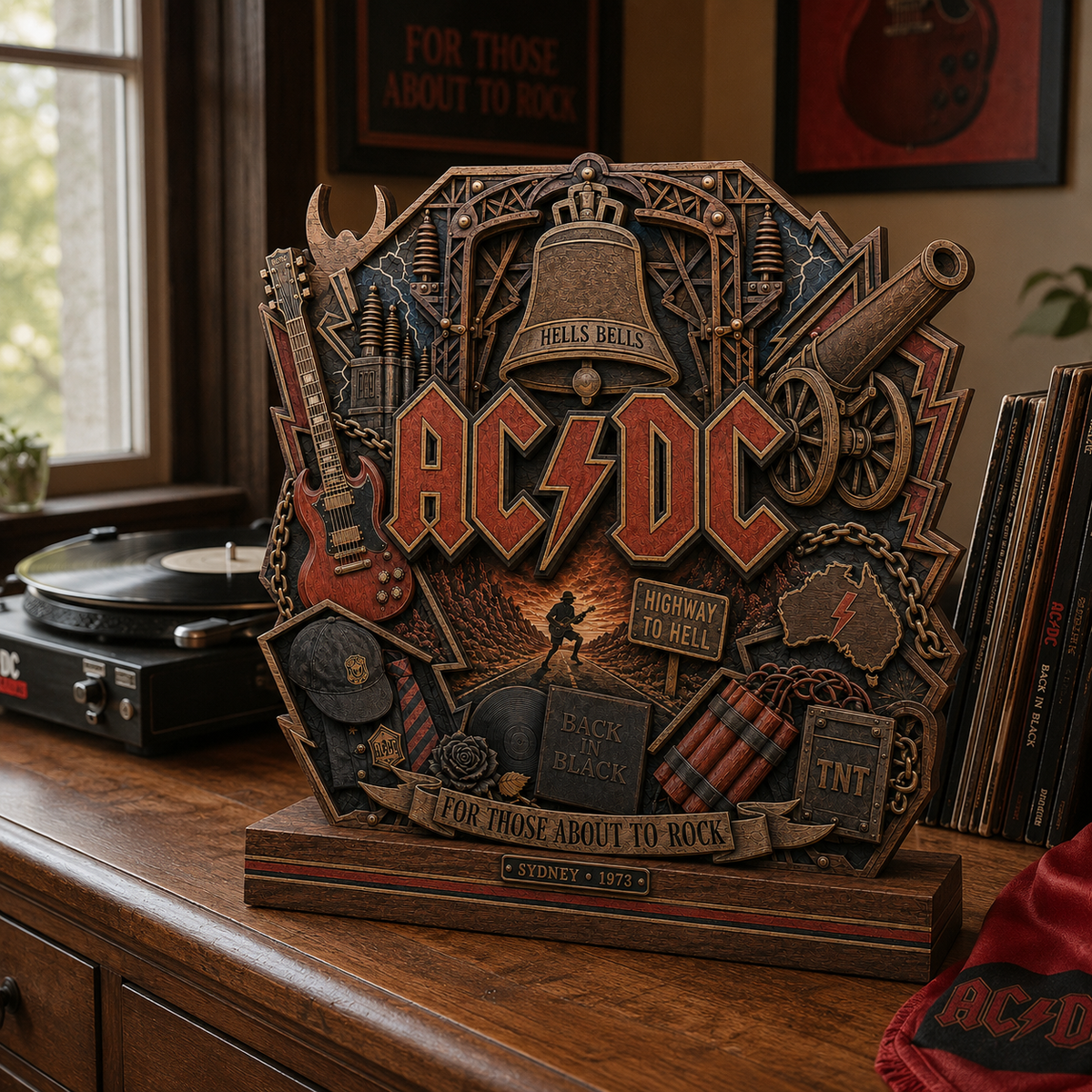 AC/DC 3-Layer Wooden Plaque – Hells Bells Highway to Hell Rock Band Display, Classic Rock Music Decor Gift