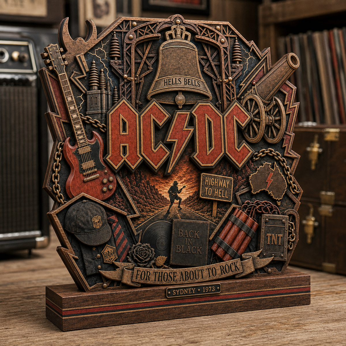 AC/DC 3-Layer Wooden Plaque – Hells Bells Highway to Hell Rock Band Display, Classic Rock Music Decor Gift