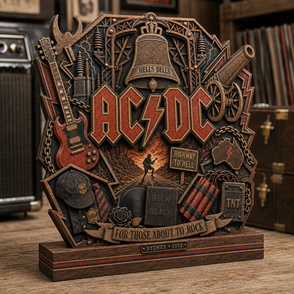 AC/DC 3-Layer Wooden Plaque – Hells Bells Highway to Hell Rock Band Display, Classic Rock Music Decor Gift