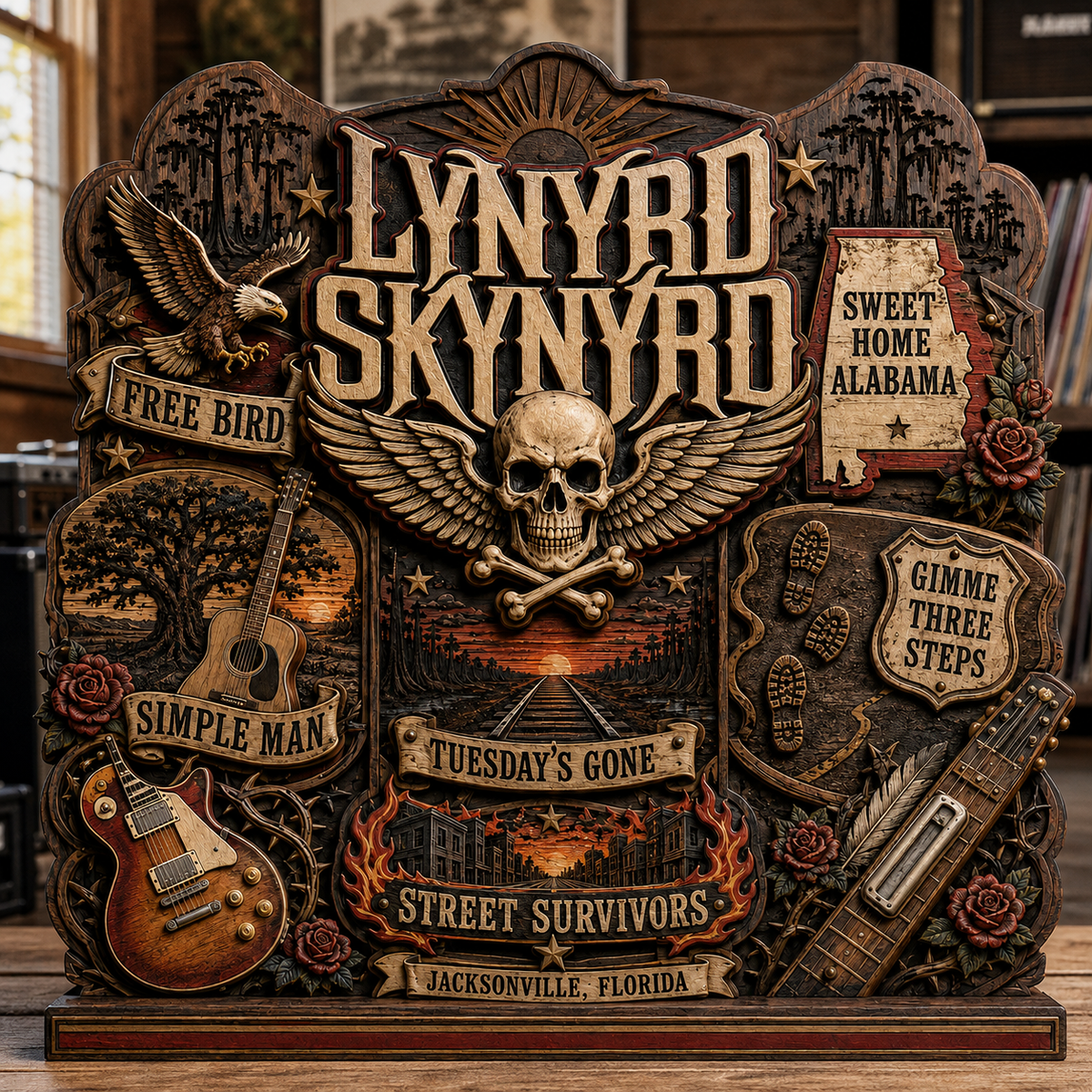 Lynyrd Skynyrd 3-Layer Wooden Plaque – Free Bird & Sweet Home Alabama Southern Rock Music Decor, Fan Gift