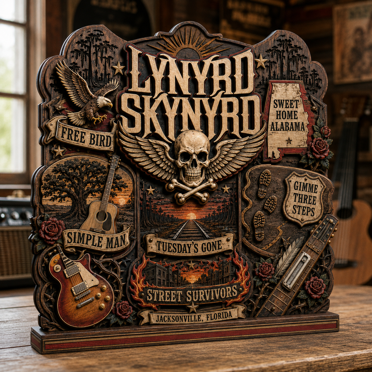 Lynyrd Skynyrd 3-Layer Wooden Plaque – Free Bird & Sweet Home Alabama Southern Rock Music Decor, Fan Gift