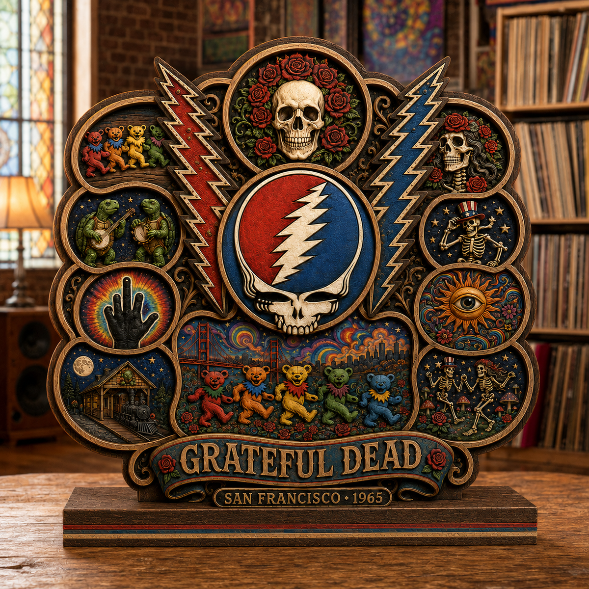 Grateful Dead Steal Your Face 3 Layer Wooden Plaque – Psychedelic Dancing Bears 3D Layered Rock Music Decor