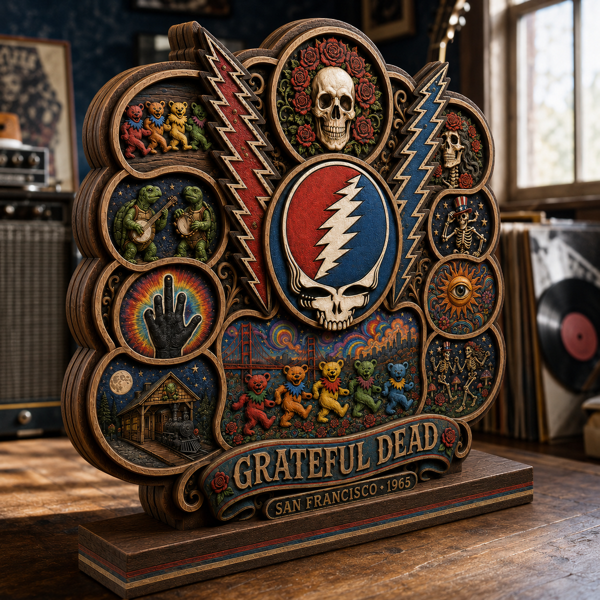 Grateful Dead Steal Your Face 3 Layer Wooden Plaque – Psychedelic Dancing Bears 3D Layered Rock Music Decor
