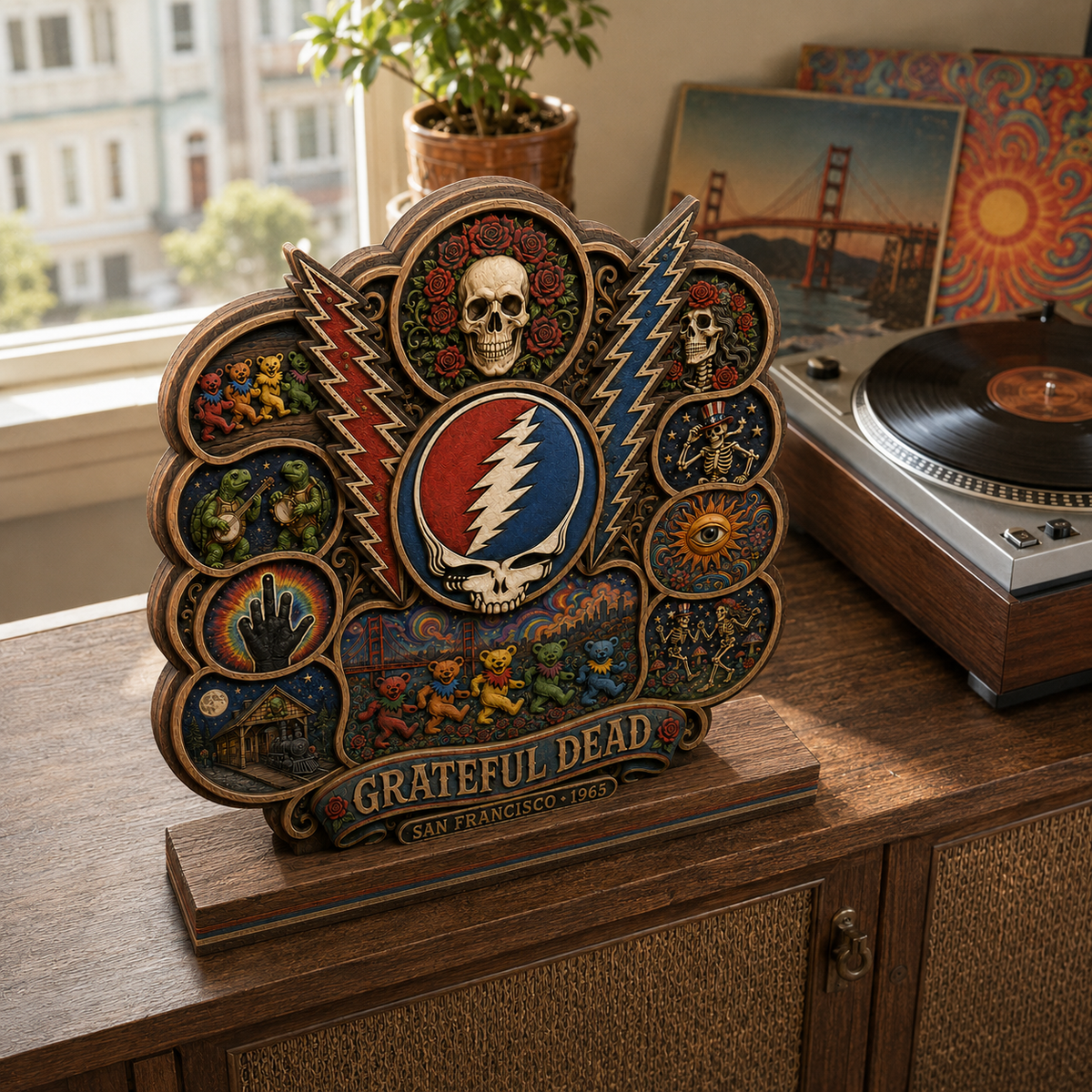 Grateful Dead Steal Your Face 3 Layer Wooden Plaque – Psychedelic Dancing Bears 3D Layered Rock Music Decor