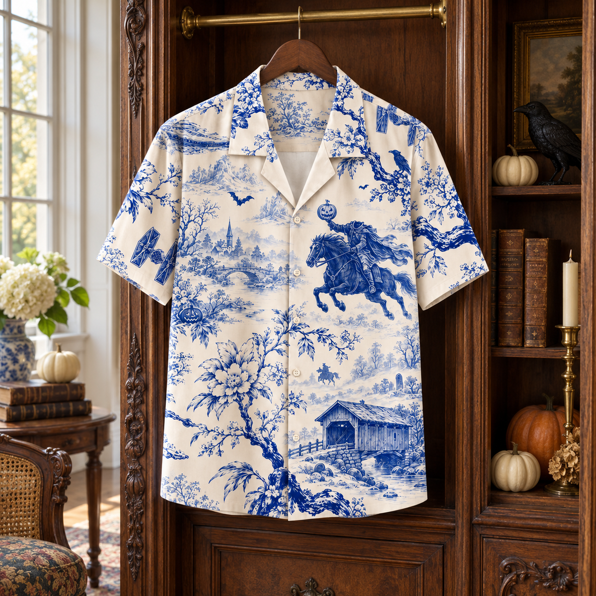Sleepy Hollow Headless Horseman Hawaiian Shirt – Blue Porcelain Toile Halloween Button Up, Gothic Horror Gift