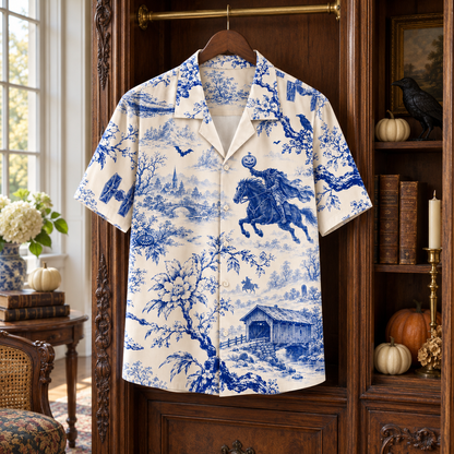 Sleepy Hollow Headless Horseman Hawaiian Shirt – Blue Porcelain Toile Halloween Button Up, Gothic Horror Gift
