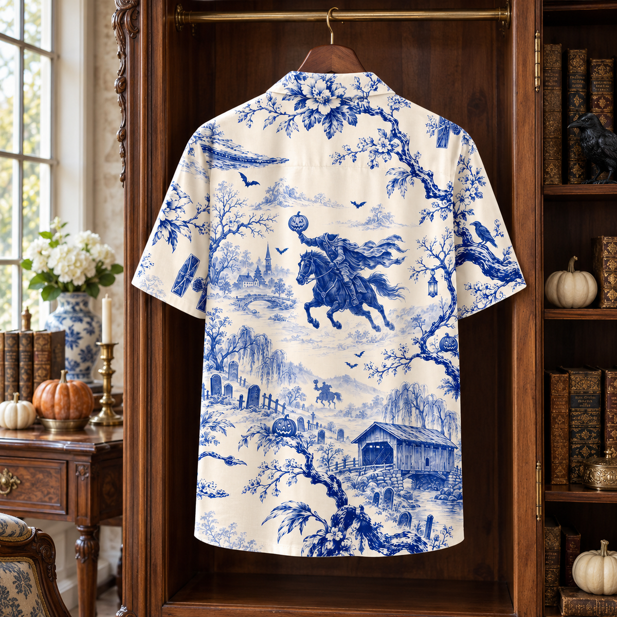 Sleepy Hollow Headless Horseman Hawaiian Shirt – Blue Porcelain Toile Halloween Button Up, Gothic Horror Gift