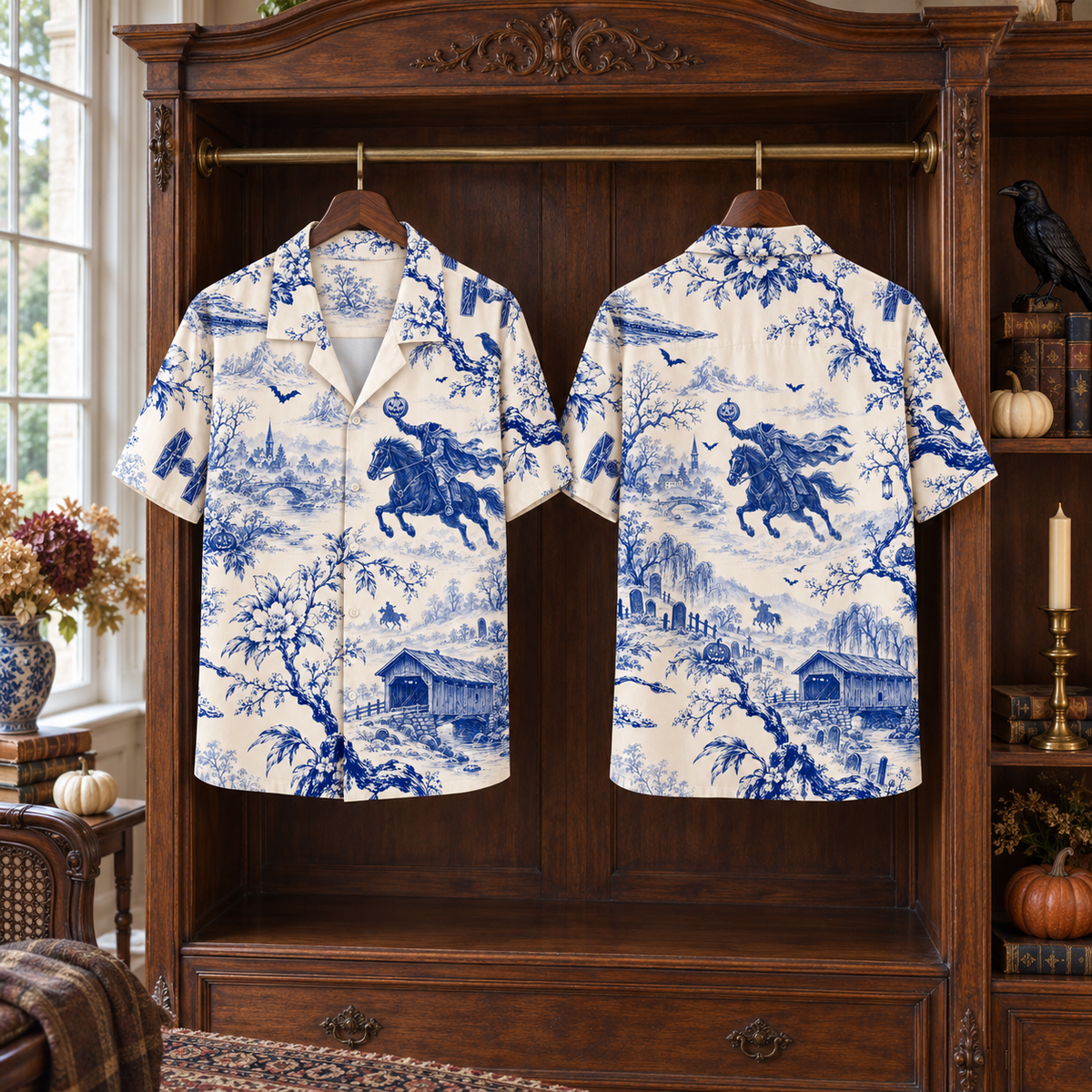 Sleepy Hollow Headless Horseman Hawaiian Shirt – Blue Porcelain Toile Halloween Button Up, Gothic Horror Gift