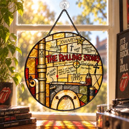 The Rolling Stones Iconic Album Stained Glass Sun Catcher – Retro Rock Music Window Hanging Gift for Fans