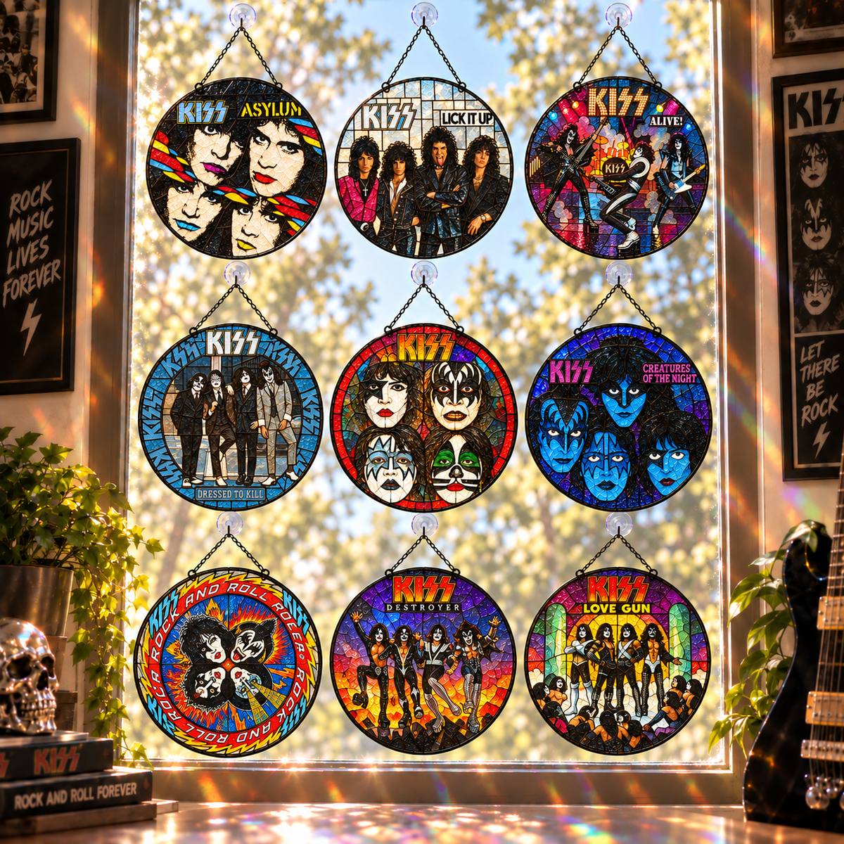 KISS Band Stained Glass Suncatcher – Glam Rock Music Window Hanging Gift for KISS Army