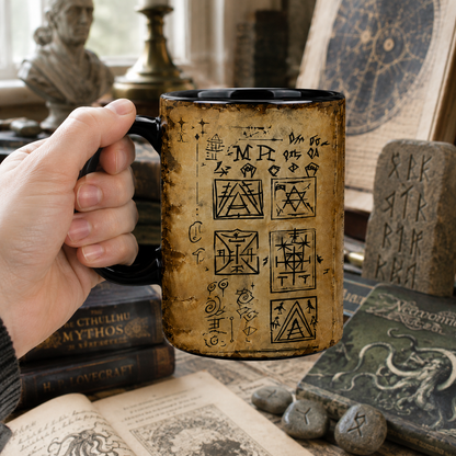Runic Magic Ancient Runes Accent Mug, Occult Symbols Coffee Mug, Arcane Manuscript Ceramic Cup, Dark Fantasy Mug