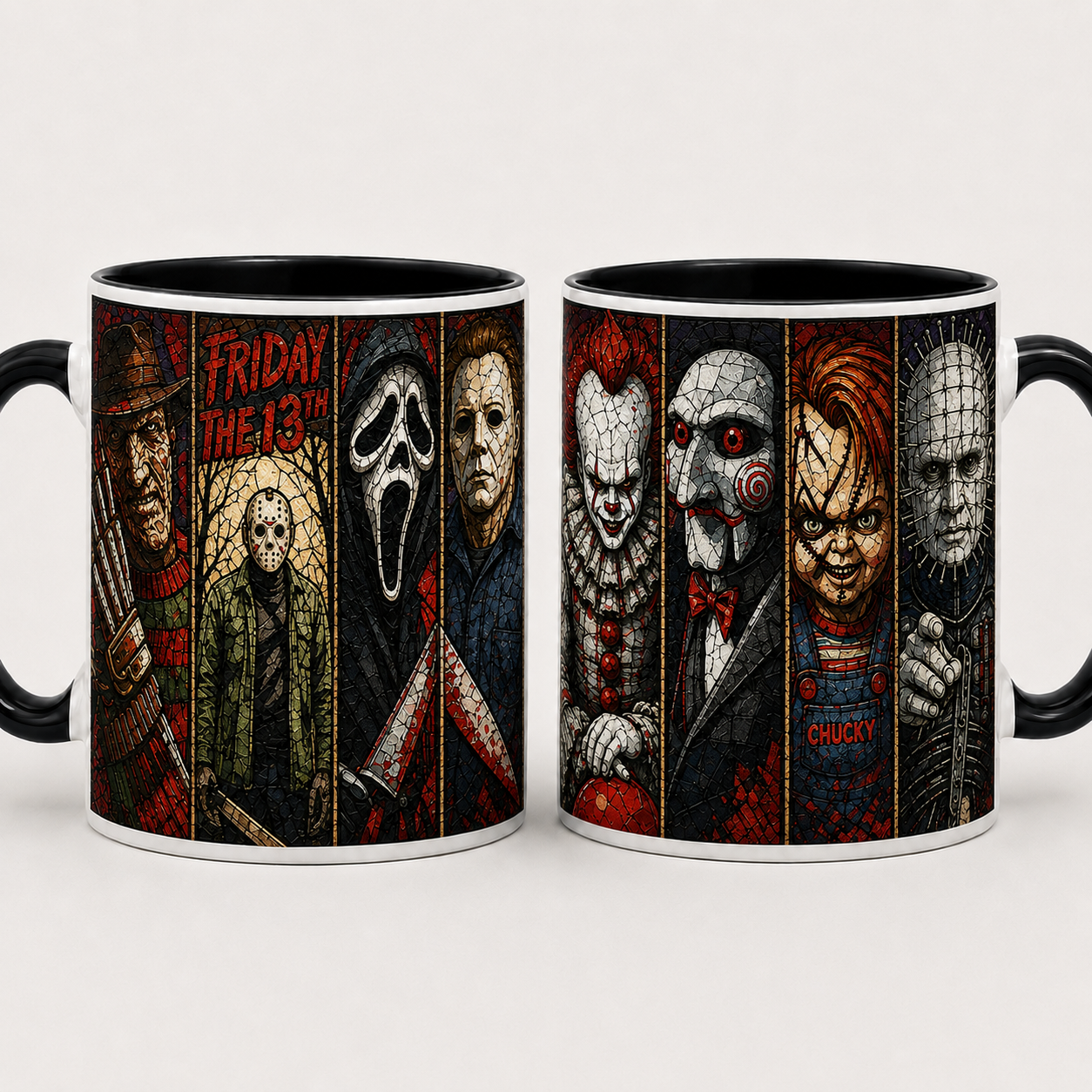Classic Horror Villains Stained Glass Accent Mug, Slasher Horror Coffee Mug, Freddy Jason Ghostface Cup, Halloween Horror Fan Gift