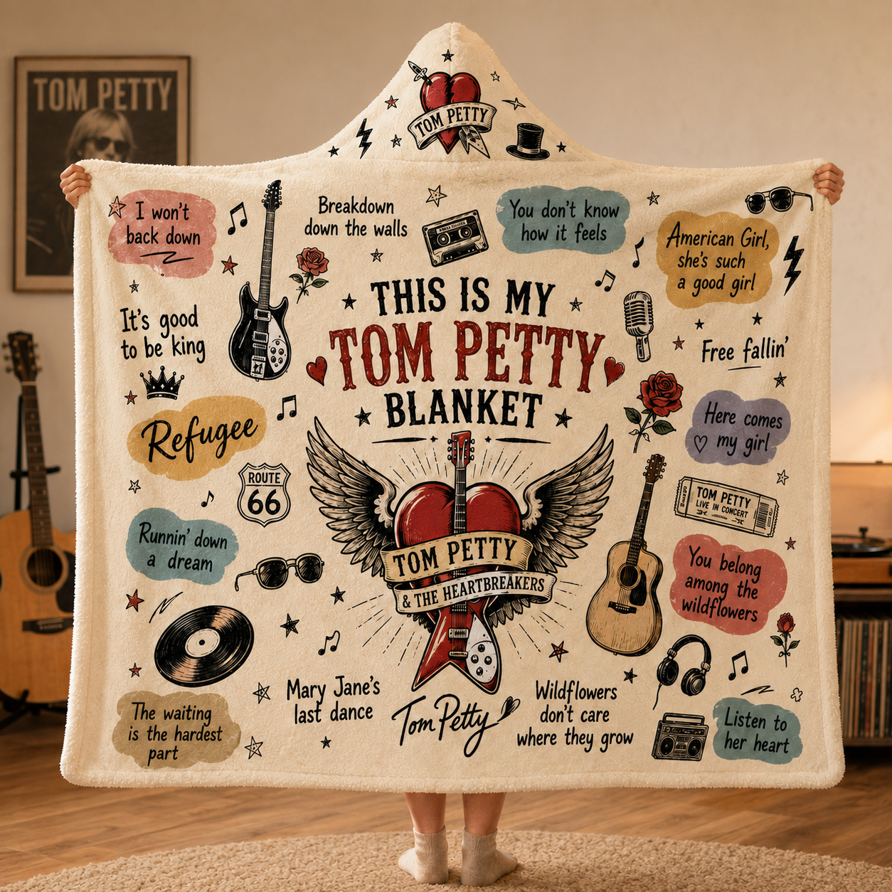 Tom Petty Hooded Blanket, Tom Petty and The Heartbreakers Blanket, Classic Rock Music Fan Gift, Wildflowers Blanket