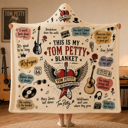 Tom Petty Hooded Blanket, Tom Petty and The Heartbreakers Blanket, Classic Rock Music Fan Gift, Wildflowers Blanket