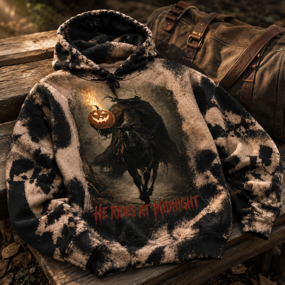 Headless Horseman Hoodie, He Rides at Midnight Bleached Hoodie, Halloween Horror Pullover, Spooky Fall Gift