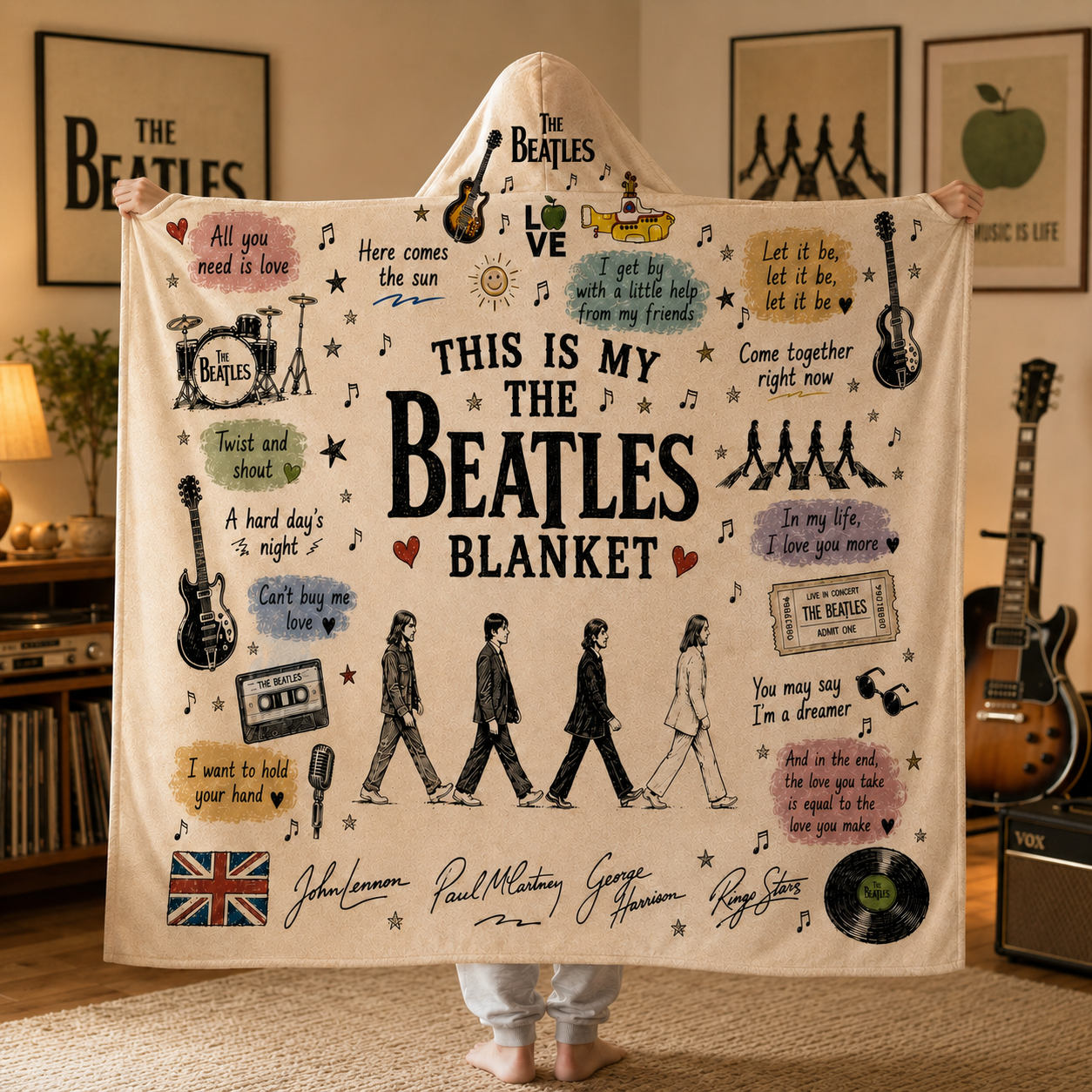The Beatles Hooded Blanket, Classic Rock Music Blanket, Abbey Road Beatles Fan Gift, Music Lover Blanket