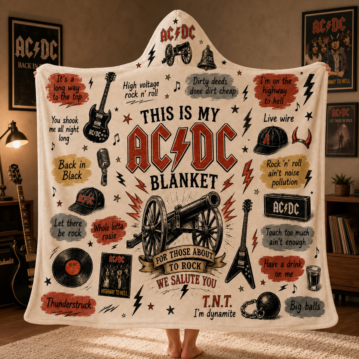 AC/DC Hooded Blanket, Rock Band Sherpa Blanket, Highway to Hell Thunderstruck Rock Music Gift