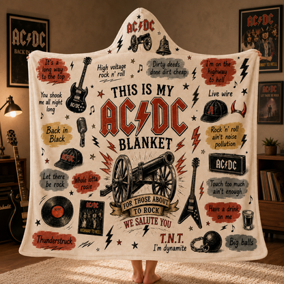 AC/DC Hooded Blanket, Rock Band Sherpa Blanket, Highway to Hell Thunderstruck Rock Music Gift