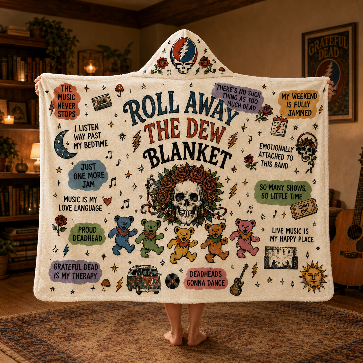 Grateful Dead Hooded Blanket, Roll Away the Dew Blanket, Dancing Bears Deadhead Music Lover Gift