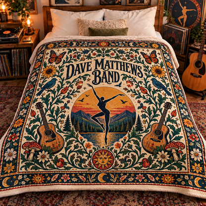 Dave Matthews Band Sherpa Blanket – Boho Folk Rock Fleece Throw, Dancing Figure & Guitar Music Decor, Gift for DMB Fans