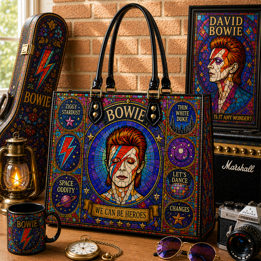 David Bowie Leather Handbag, Tote Bag and Wallet Set, Colorful Stained Glass Ziggy Stardust Design, Vintage Rock Music Fan Gift