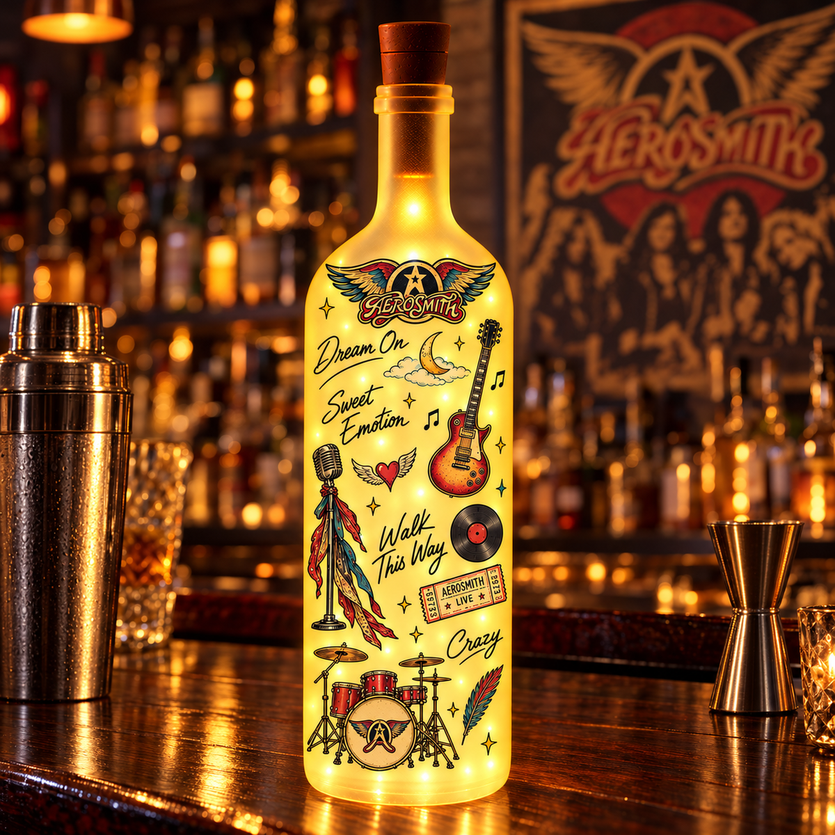 Aerosmith Bottle Lamp – Lighted Rock Music Decor, Classic Rock Gift for Aerosmith Fans