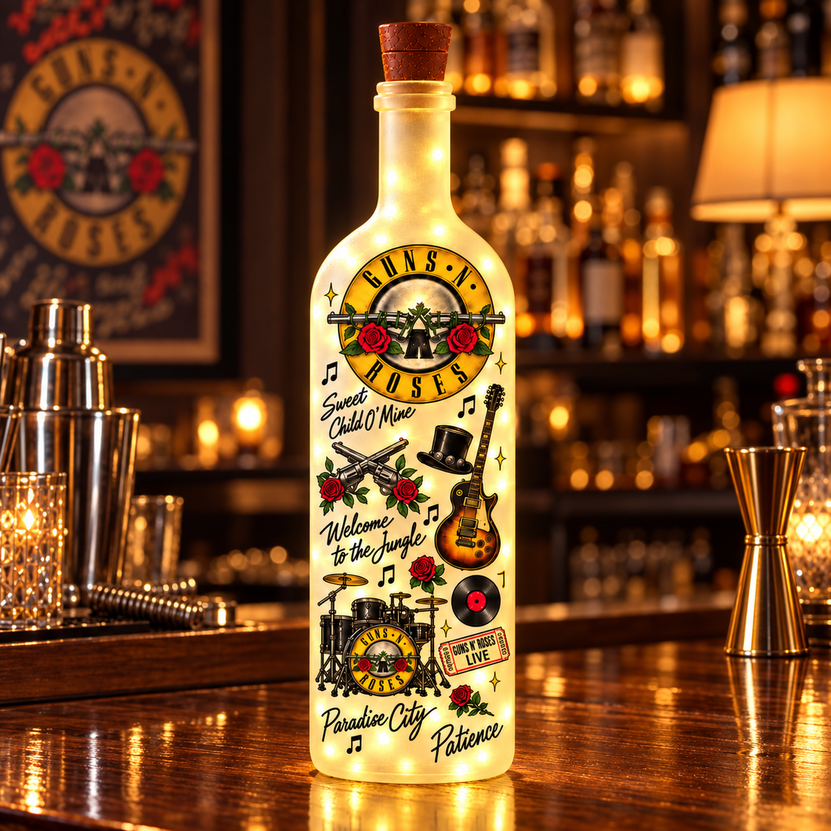 Guns N’ Roses Bottle Lamp – Lighted Rock Music Decor, Classic Rock Gift for GNR Fans
