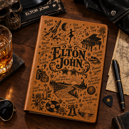 Elton John Vintage Vegan Leather Notebook – Classic Rock & Pop Music Journal & Diary